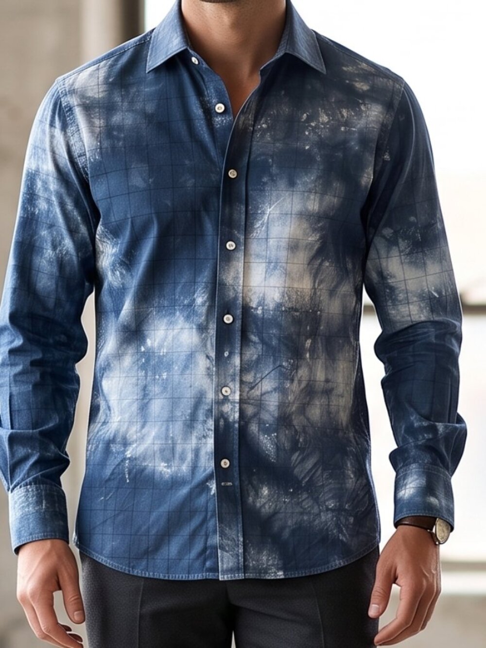 Eton Black Tie Dye Shirt Long Sleeve Size Large Black Neck 16 Windowpane Plaid